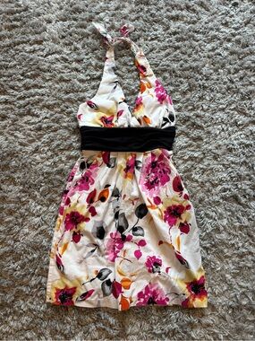 Vintage Speechless cream Floral Halter Dress with Black tie Waistband
